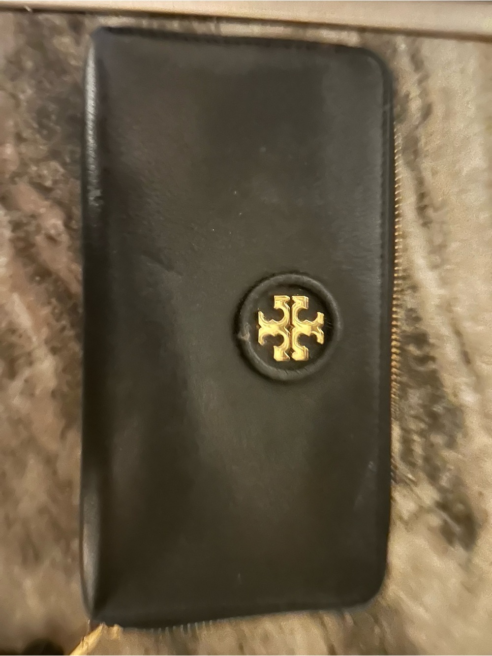 Tory Burch Black Leather Zip-Around Wallet with Gold Emblem
